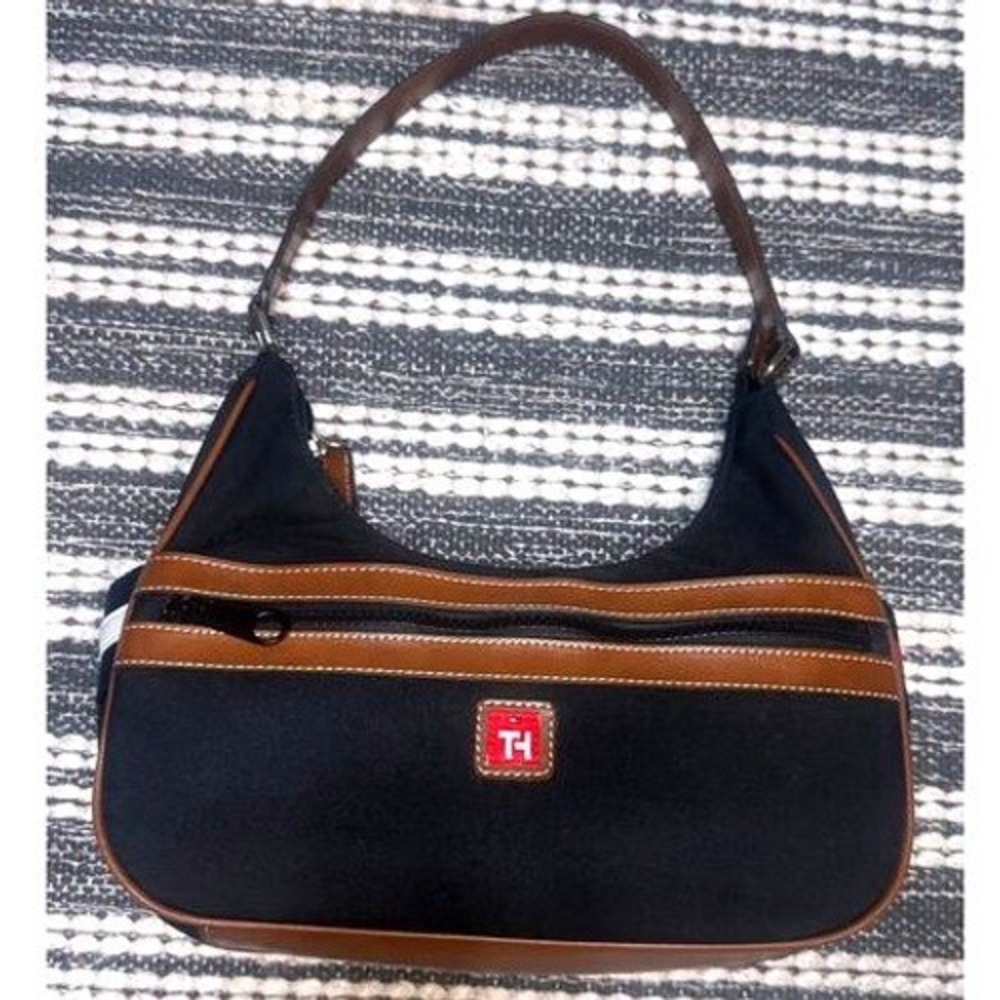 Tommy Hilfiger Classy Hobo Shoulder Canvas Purse Black Brown Sm/Med Travel Bag